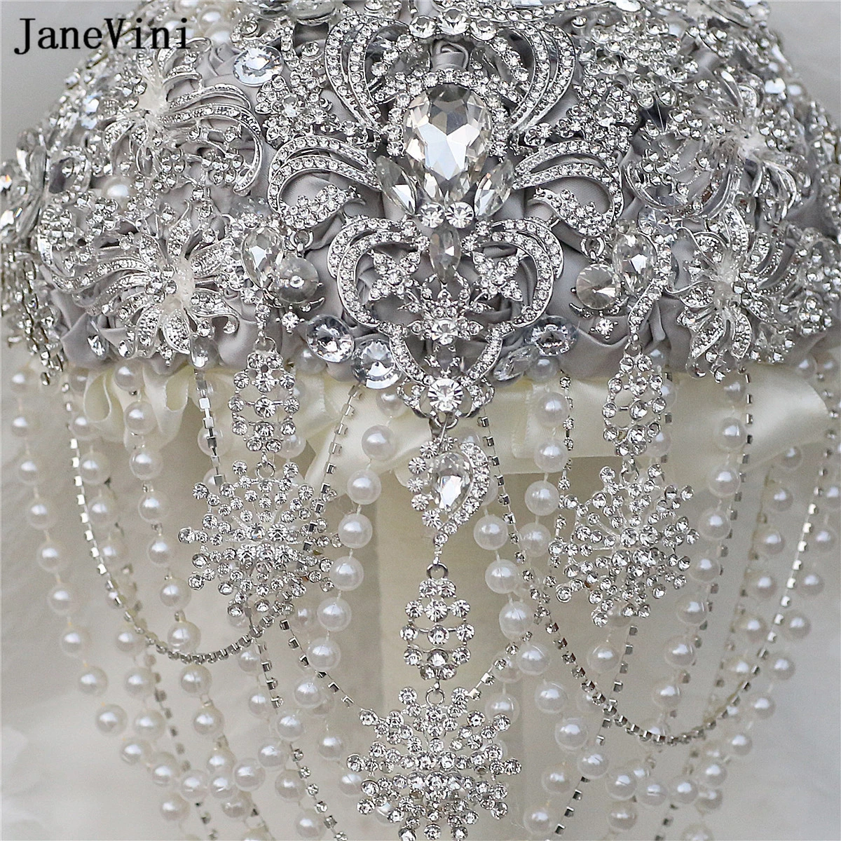 Janevini funkelnde silberne Strass steine Kristall Braut sträuße künstliche Satin Rosen maßge schneiderte Hochzeits strauß Blume für Braut