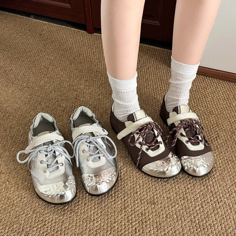 

Bursting Pattern Metal Shell Head Velcro Ballet Mary Jane Shoes With Increased Height Comfortable Casual Versatile Women's Shoes