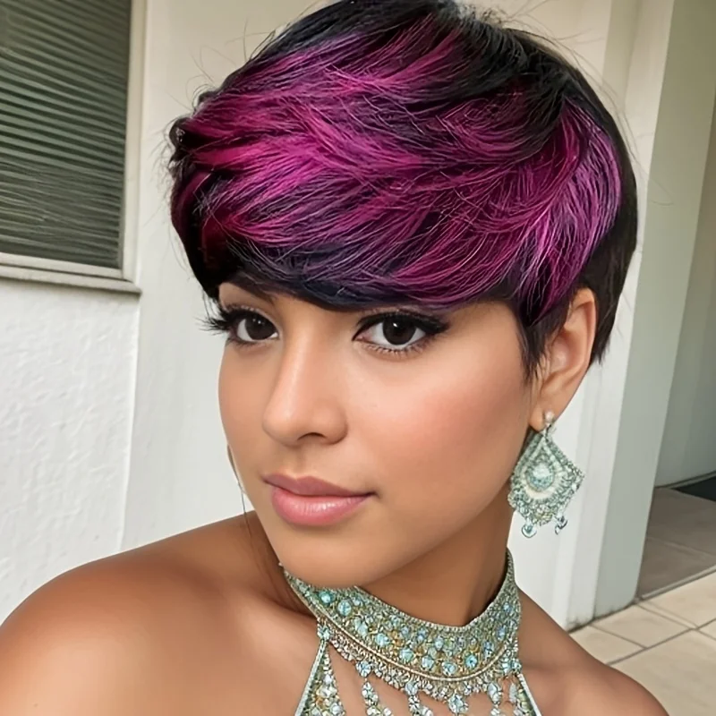 인간의 머리 픽시 컷 가발 웨이브 전체 기계 제작 가발 레이어드 가발 여성용 자연스러운 모습