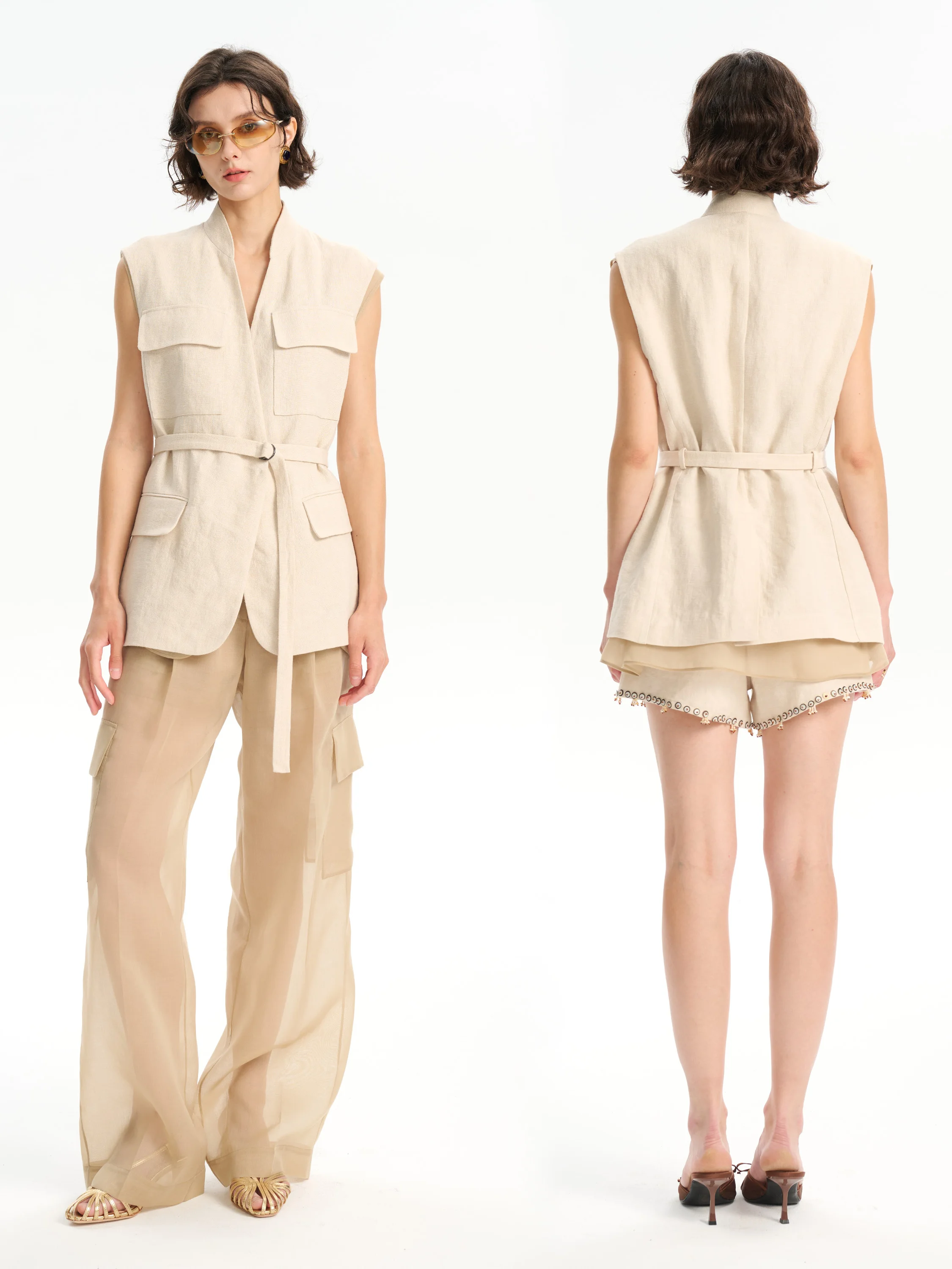 

YIMAIMAI Linen Short Pants And Work Trousers Two-Piece Set Women's Summer Fashion Outfit V-Neck Button Style Neutral Wind