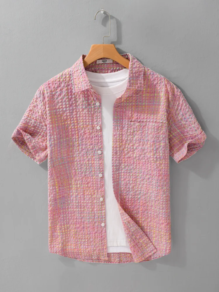 

Розовый клетчатый пузырь irt ort Sve Свободный мужской летний irt Универсальный дышащий f Sve Цветочный узор Японский ретро...