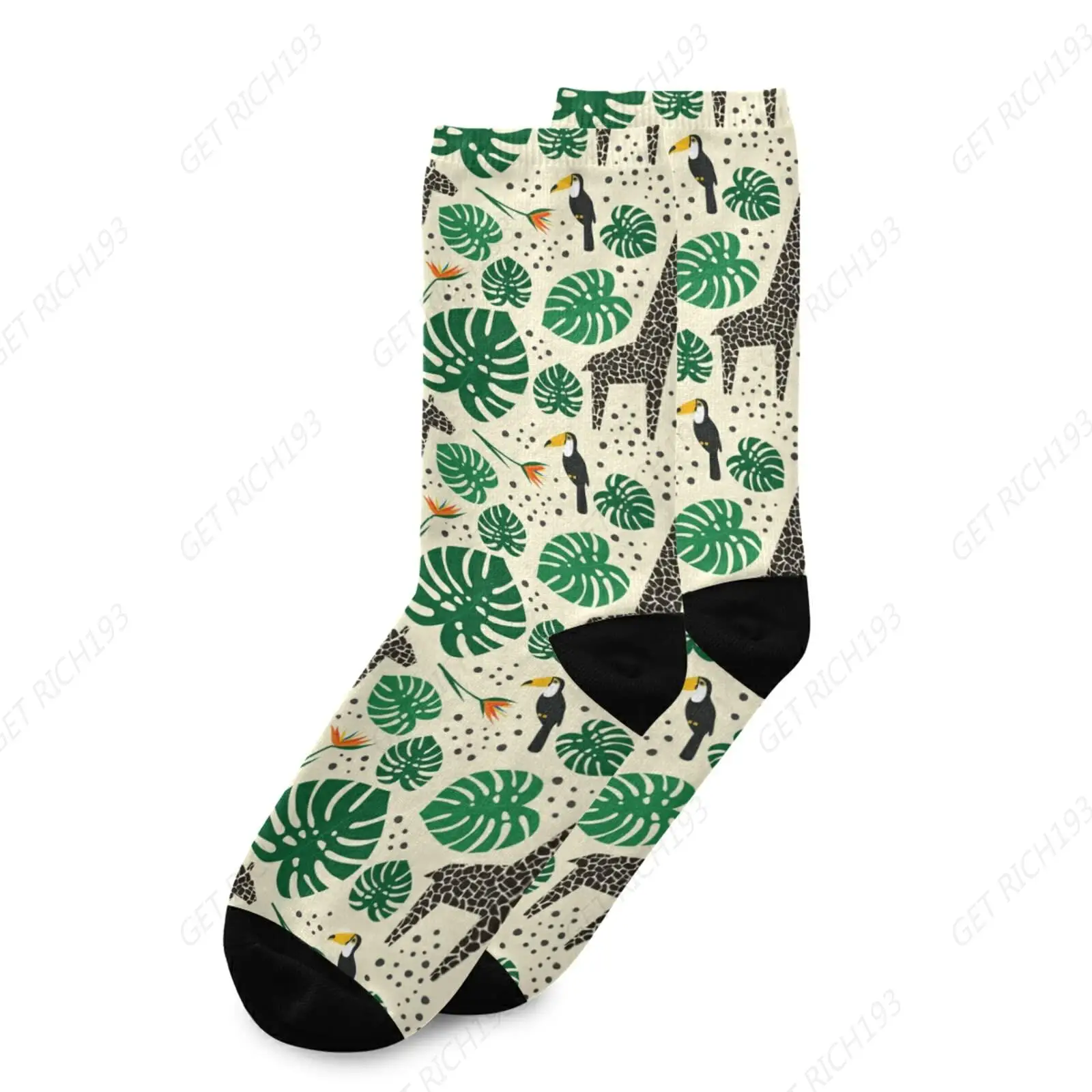 Ungle Animals Giraffe Toucanpalm Leaves Casual Crew Knee High Sock Athletic Soft Circulation Socks For Travel,Cycling