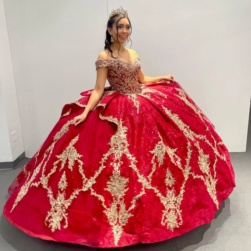 2024 Red Shiny Ball Gown 15 Year Old Quinceanera Dresses Appliques Lace Beads Off the Shoulder Princess Brithday Party Gowns