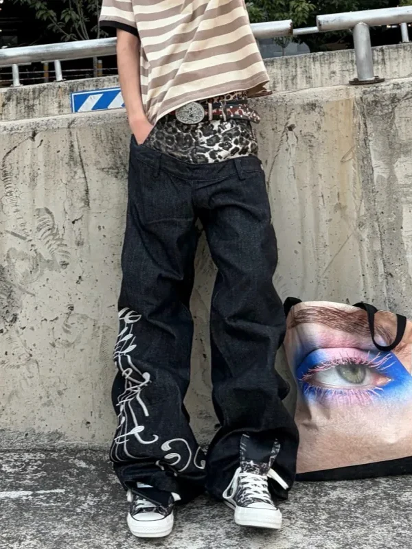 Retro American Leopard Print Embroidered Original Jeans Men's Lightweight Street Loose Straight Leg Pants Youth Trendy Jeans