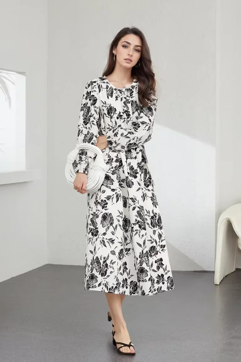 

VIMLY Women's Elegant Tea Break French Style Dress Autumn New O-Neck Long-Sleeved Cotton Floral Dress Commuter Casual Dress
