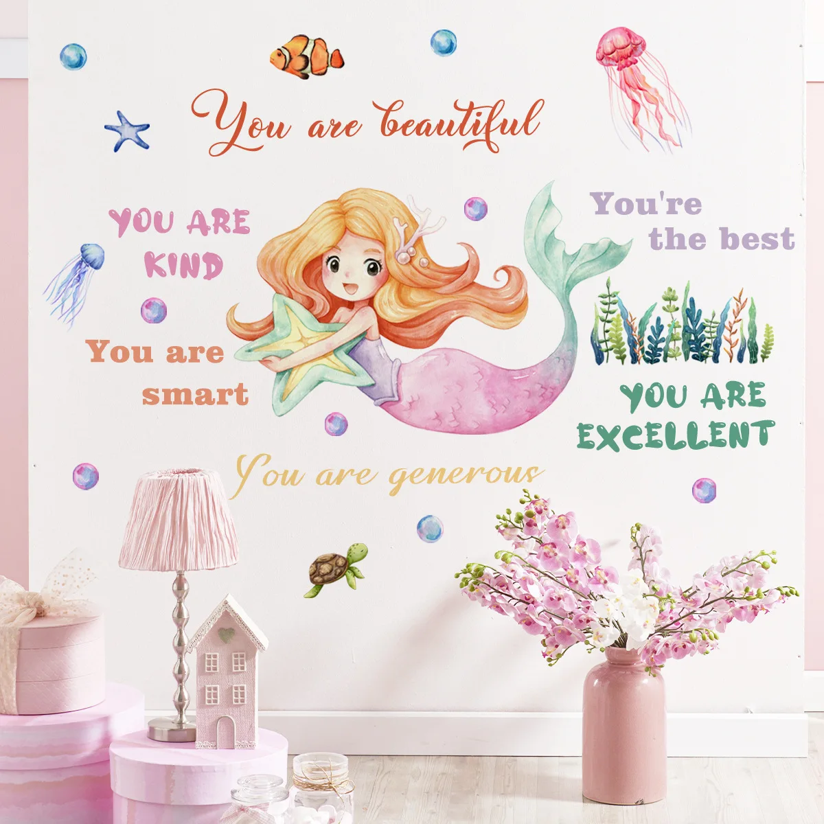 Kawaii Under Sea Wall Stickers 2pcs Cartoon Mermaid Jellyfish Seaweed Mural Decals Bedroom Living Room Background Wall Decor