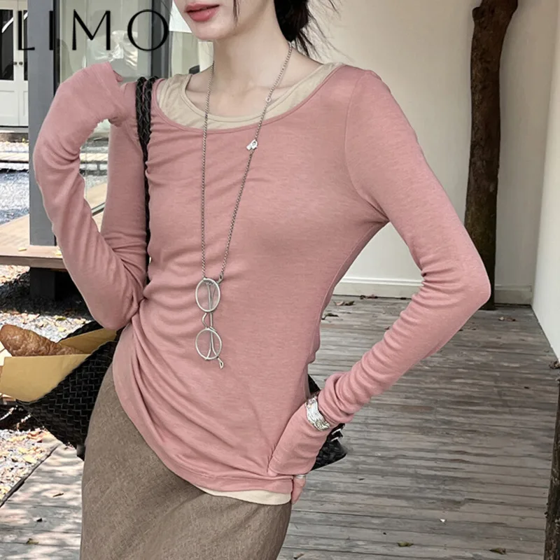 

LIMO Elegant Sleeveless Vest + Long Sleeve U-Neck T-Shirt Set, Slim Fit, Casual Lazy Outfit, Fashionable, Women's Tracksuit 2025