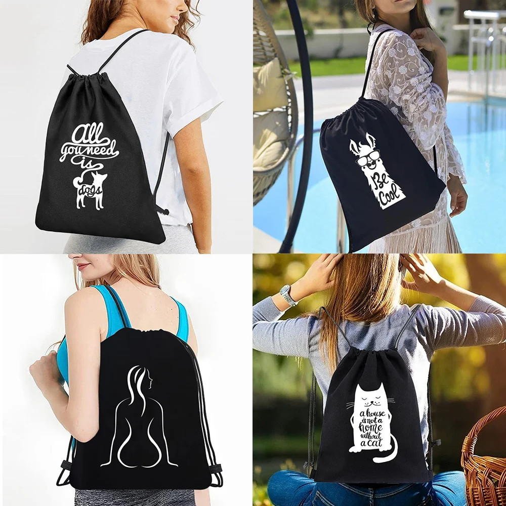 Drawstring Backpacks Women Casual Canvas Double Shoulder Bags Outdoor Travel Organizer White Picture Print Knapsack Men Gym Bag