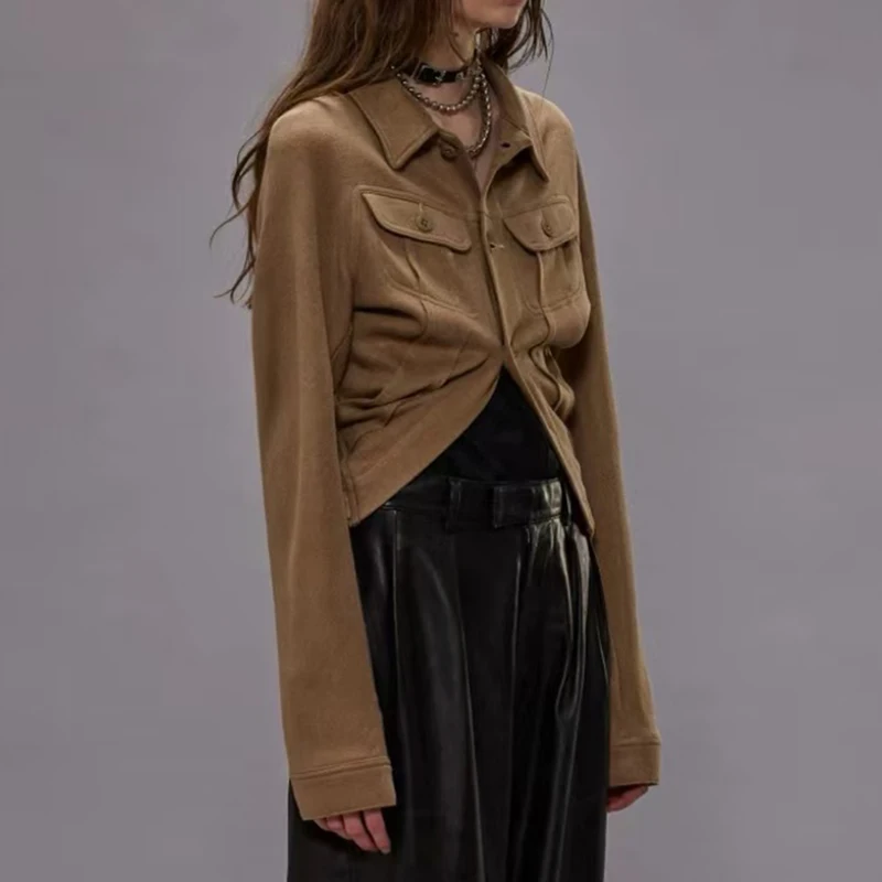 Chemise en tissu tricoté pour femmes, haut à col rétro plissé personnalisé robuste, chemise de haute qualité, 2025, automne, nouveau style