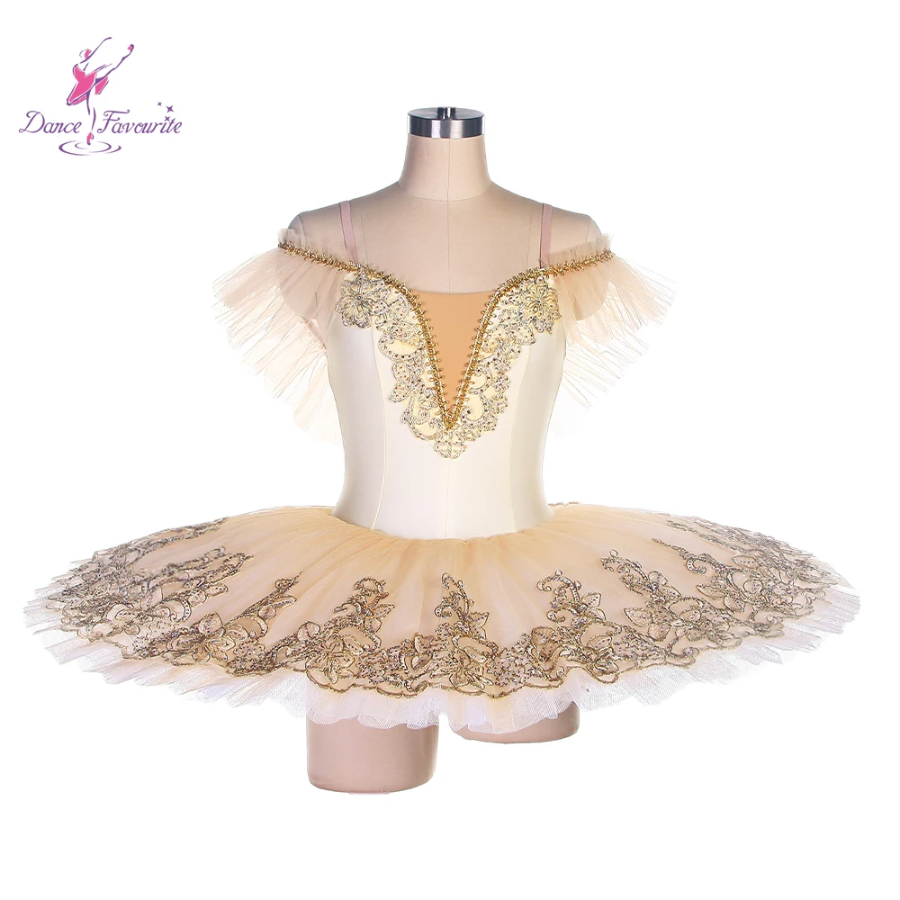 Tutus de ballet de danse préférés, corsage en spandex ivoire, tutu en tulle ivoire avec appliques dorées, olympiques décorés pré-professionnels, BLL417