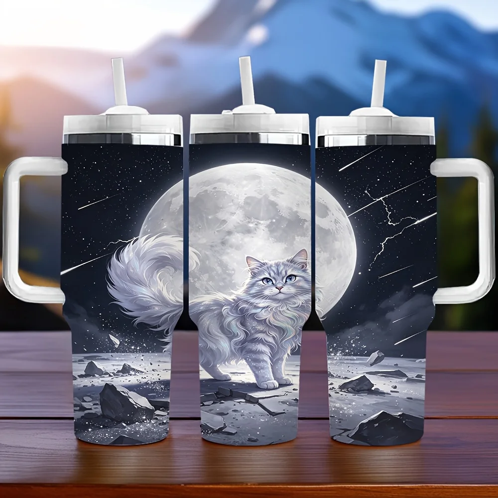 Cute Fluffy Cat Under Bright Full Moon with Falling Meteors Printed Travel Tumbler with Handle And Drinking Straw