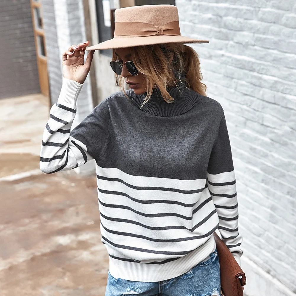 Striped Turtleneck Kintting Sweater Women 2023 Autumn Long Sleeved Casual Jumpers Tops Brown Warm Winter Sweaters Sueter Mujer