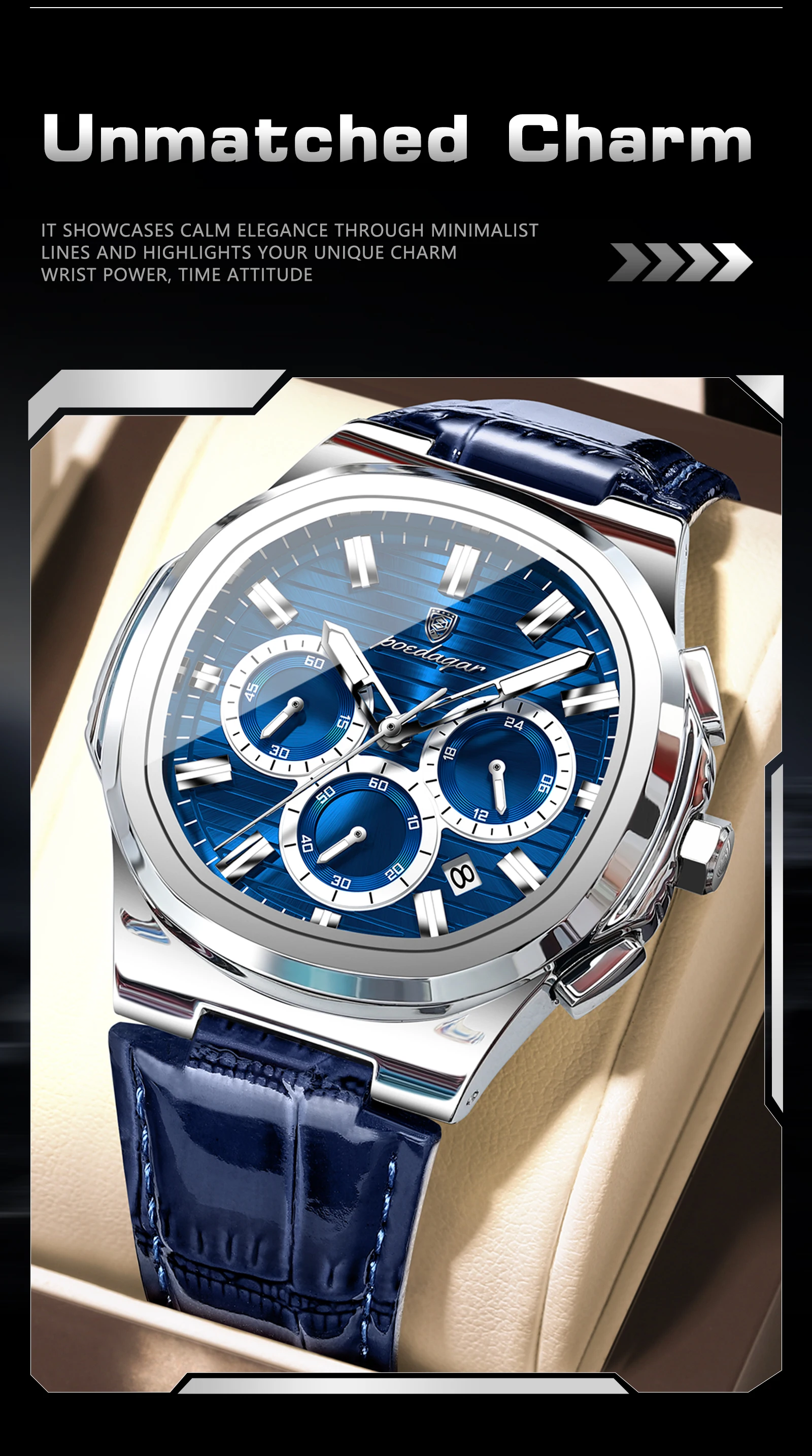 POEDAGAR Business-Herrenuhr Leder Wasserdicht Leuchtend Sport Herrenuhr Datum Chronograph Quarz Mode Herrenuhren Reloj – Detail 3