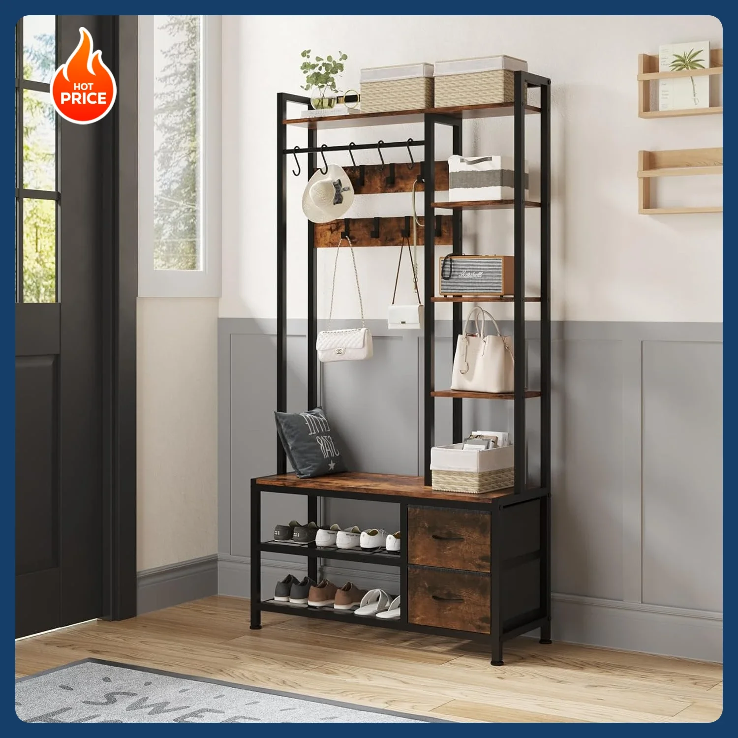 

Прихожая тумба-шкаф с сиденьем, местом для хранения обуви, ящиками и полками для спальни, органайзер для прихожей 6-в-1 с S-образными элементами