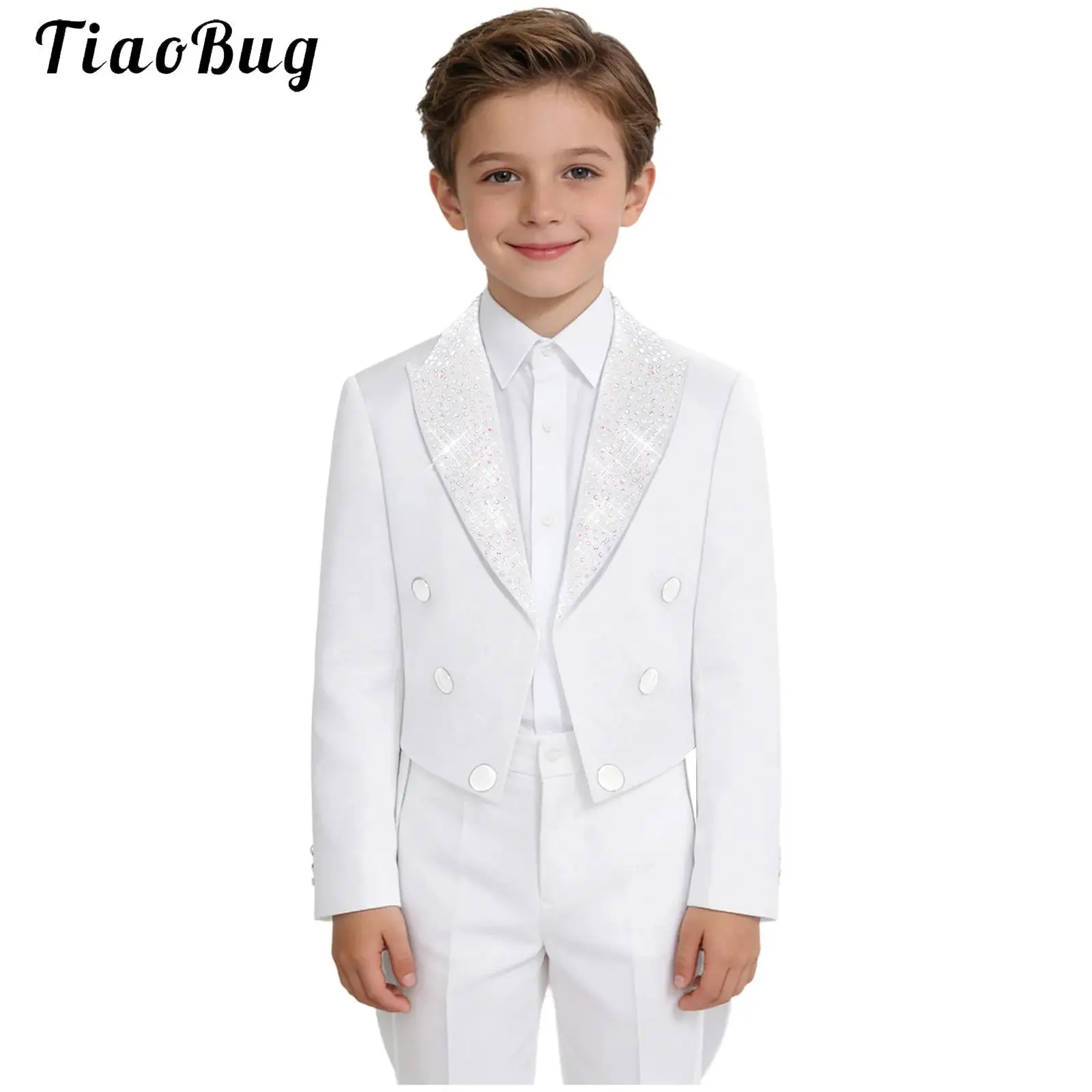 Elegant Boys Tuxedo Tailcoat Lapel Rhinestone Long Sleeve Open Front Blazer Outerwear Jacket Gentleman Formal Party Wedding Suit