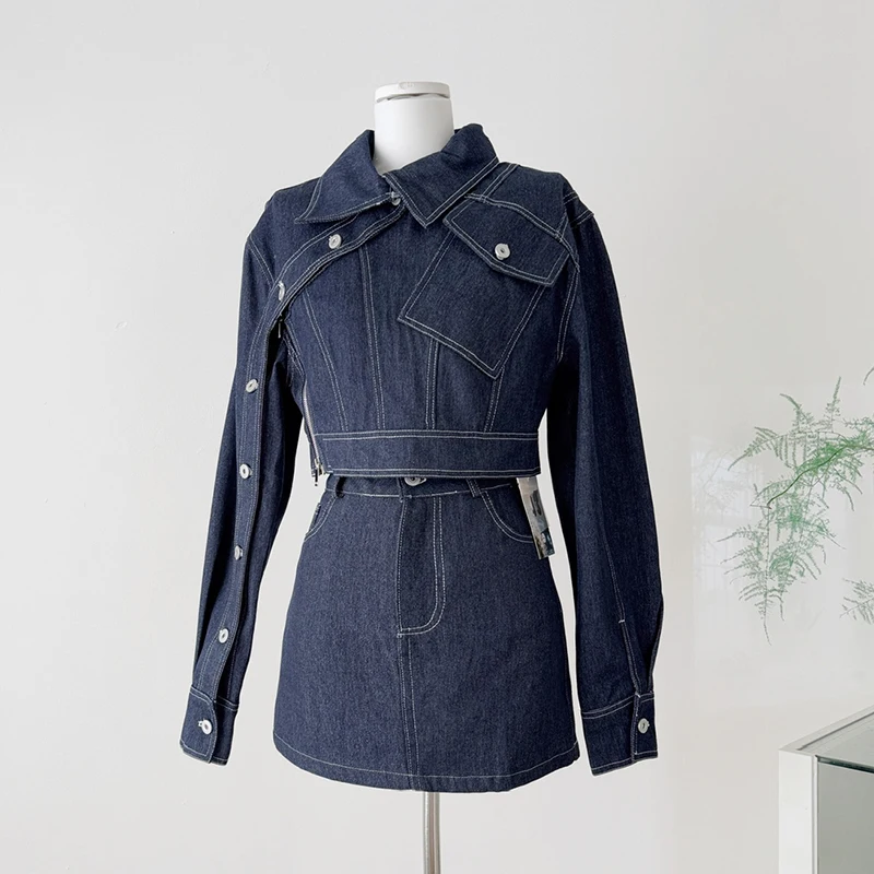 

Винтажные джинсовые комплекты из 2 предметов, женский укороченный топ с длинными рукавами, куртка на молнии и мини-юбки трапециевидной формы, костюмы, уличная одежда, джинсовая одежда