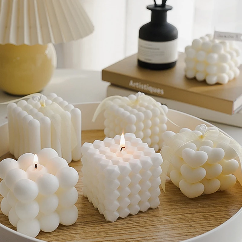 Ins Style White Geometric Cube Magic Ball Scented Candle Soybean Wax Home Decoration Ornament Creative