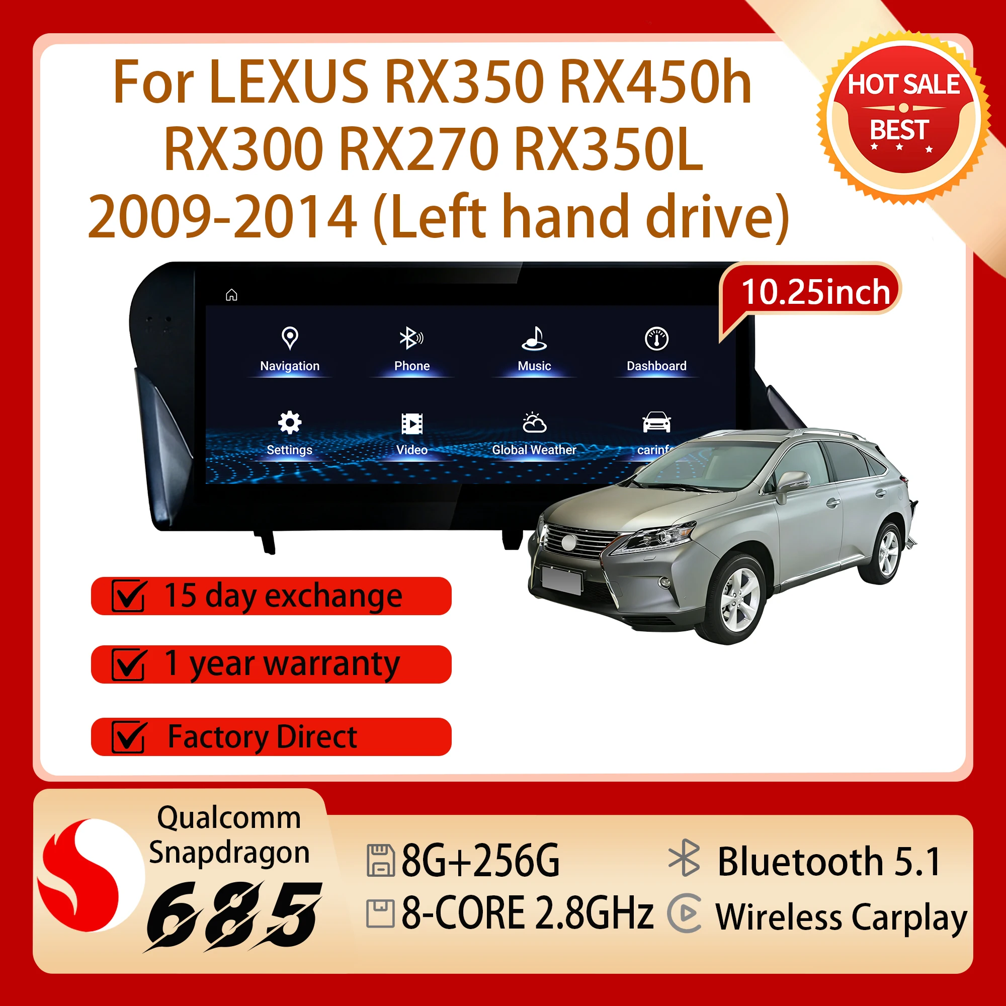 10.25'' Snapdragon 680 Android 14 For LEXUS RX350 RX450h RX300 RX270 RX350L 2009-2014 Car Radio Multimedia Carplay Touch Screen