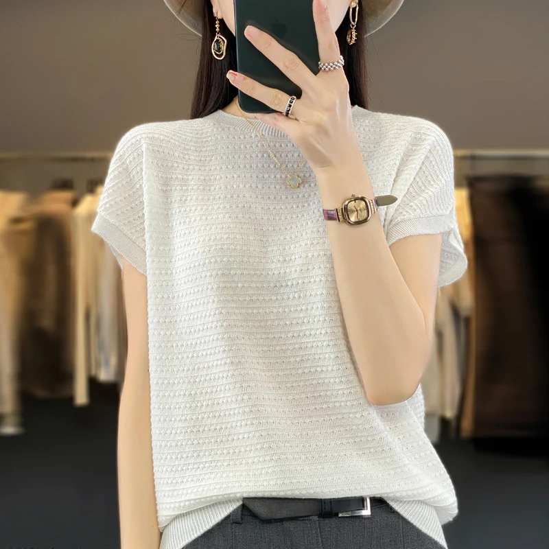 Fashion short half sleeve cashmere women\'s sweater 100% pure merino wool O-neck pullover sweater