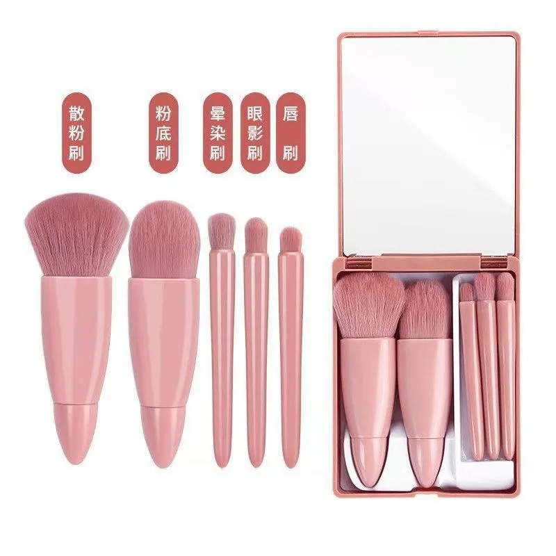 5pcs Travel Size Makeup Brushes Set Portable Mini Makeup Brushes with Mirror Small Complete Function Cosmetic Brushes Kit Tools