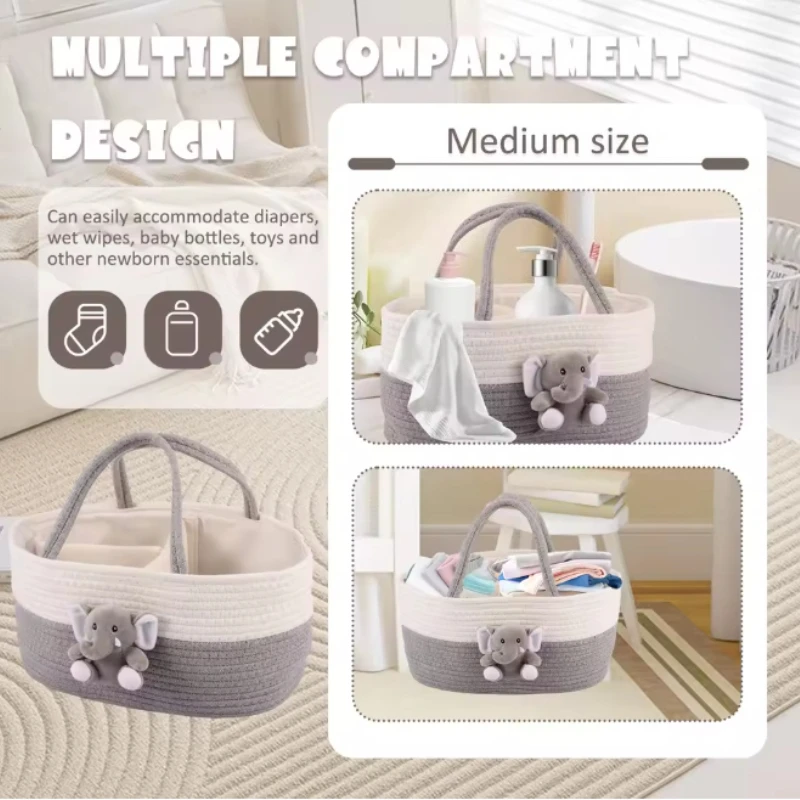Portable Diaper Caddy Organizer - Large Capacity Cotton Rope Storage Basket with Handle, Travel Baby Changing Station Bag