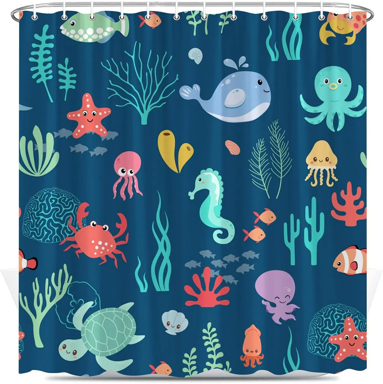 Kids Sea Animal Shower Curtain Funny Whale Cute Cartoon Fish Ocean Undersea Coral Starfish Navy Blue Boys Girls Fabric Bathroom