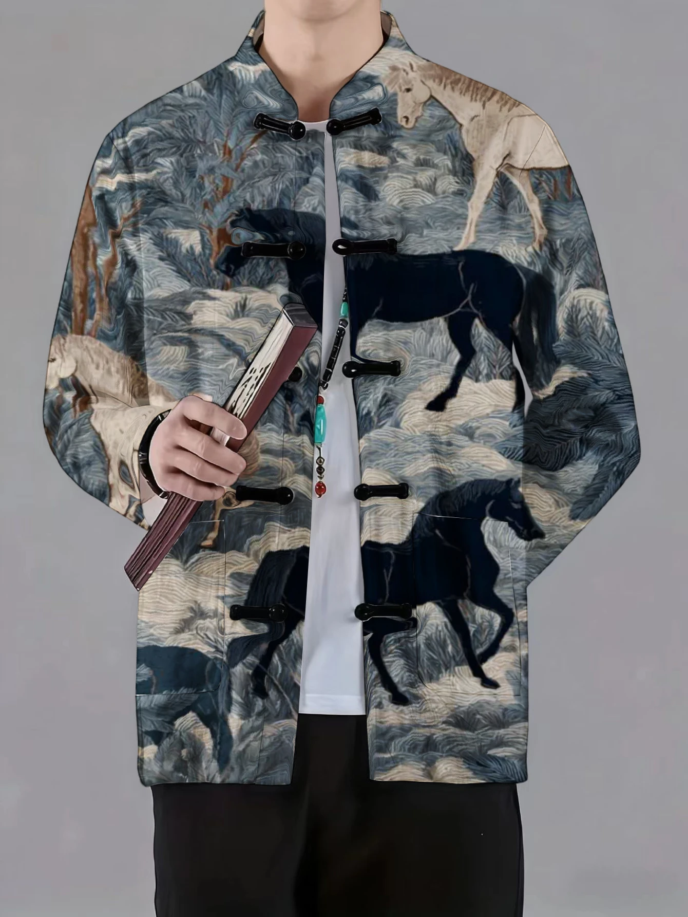 Men Mandarin Collar Frog Button Jacket Maple Camo Horse Dragon Floral Ink Print Traditional Outerwear