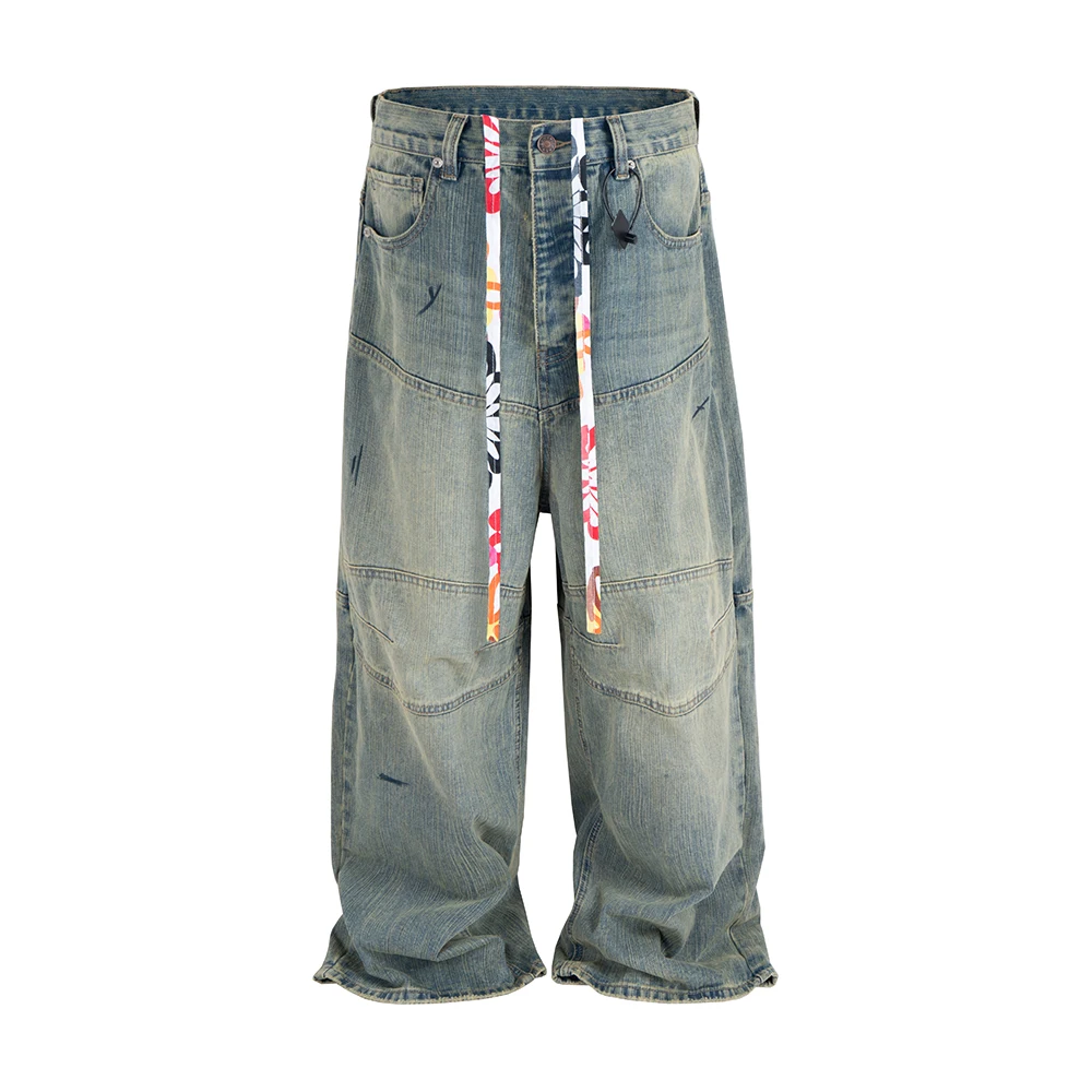 

Color Blocking Drawstring Double Knee Baggy Jeans for Men Wide Leg Washed Vintage Loose Denim Trousers Oversized Cargo Pants
