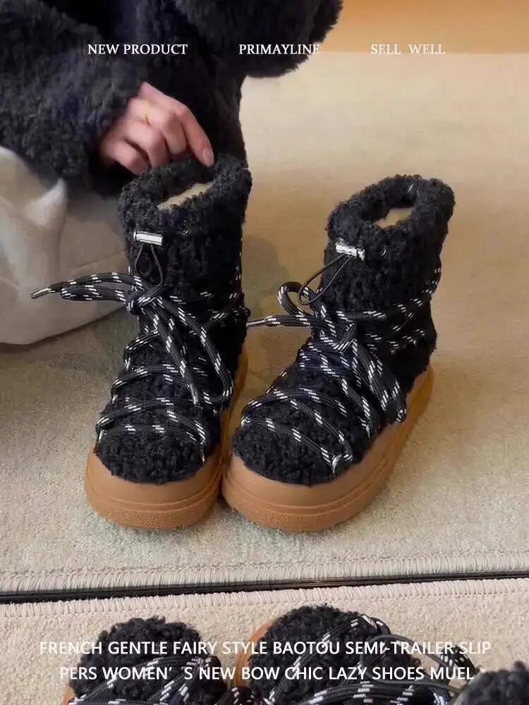 

Women's Thick Soled Snow Boots White Bear Furry Boots 2025 Winter New Fleece Lined Warm Cotton Boots Versatile Anti Slip