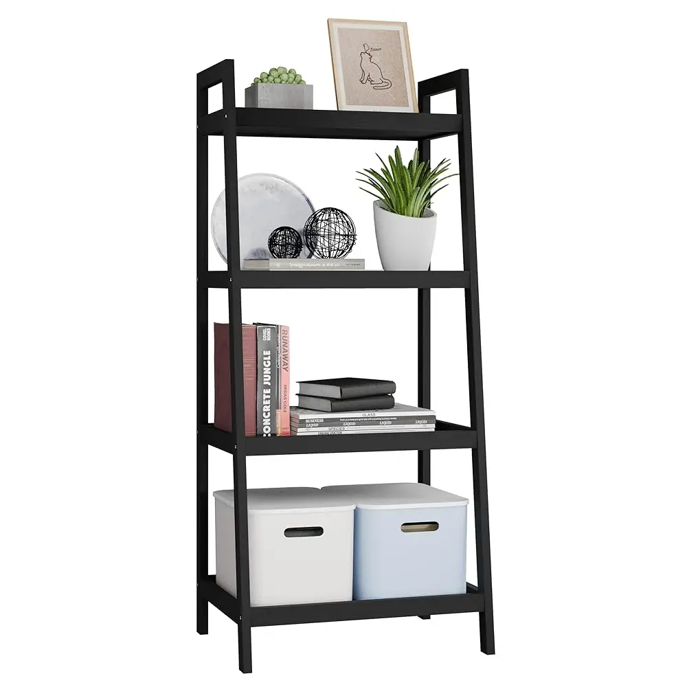 

Ladder Shelf, 4 Bamboo Bookshelf, Bathroom Storage Organizer Plant Display Stand, Freestanding Open Shelving Unit With Handles