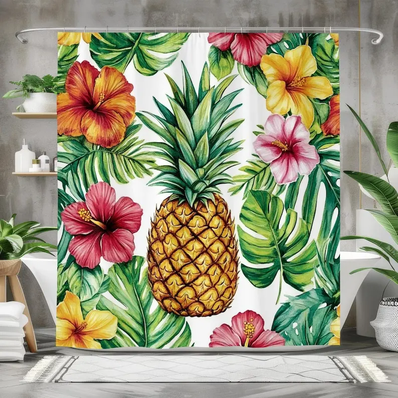 

Pineapple Paradise Bath Curtain - Tropical Bathroom Decor - Waterproof Fabric Shower Curtain - Vibrant Hibiscus