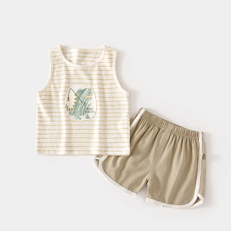 Baby Sleeveless T-shirt Suit Home Wear Thin Thin Summer Children's Shoulder Open Shorts Loose Baby Vest