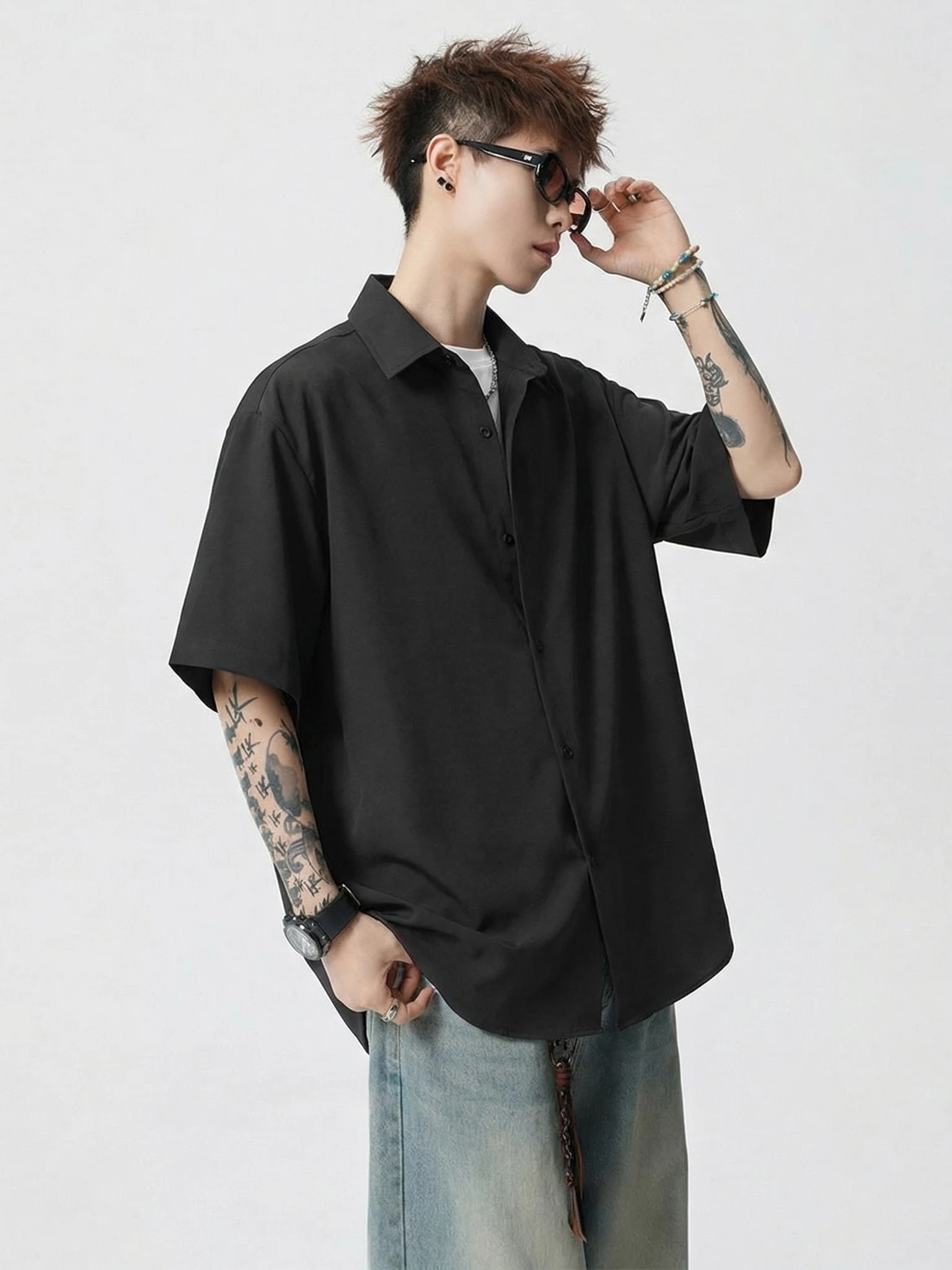 

American Sle Qui Dry Collared irt ort Sve Men's Loose Ice Silk Casual T-irt f Sve Outerwear Summer Wear