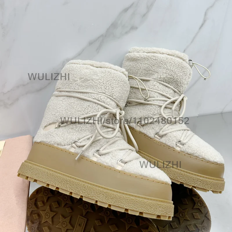 White Wrinkled Leather Fine Grain Boots Calf Women Platform Thick Sole Gray Lace Up Snow Boots Girls Winter Round Toe Plush Shoe