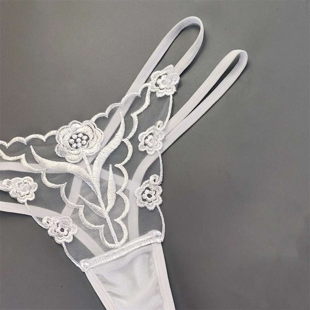 2 ks výšivky květiny sexy dámské tanga dvojitý tenký pásek průhledná síťovina tangá bezešvé spodní prádlo plus velikost - náhled 5