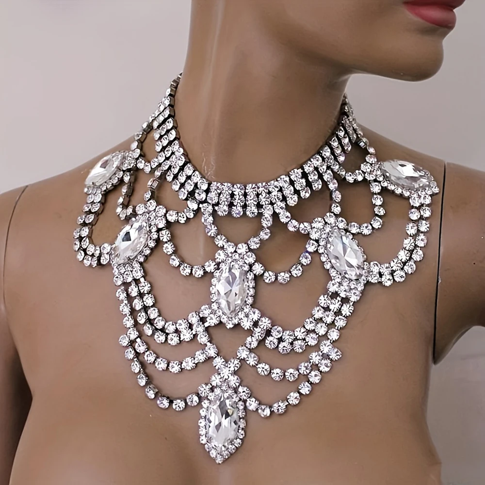 Modische Glänzende Strass-Halskette Schmuck Exquisiter Luxus Brautschmuck Hochzeitsparty-Schmuck Halskette Trageaccessoires – Detail 1