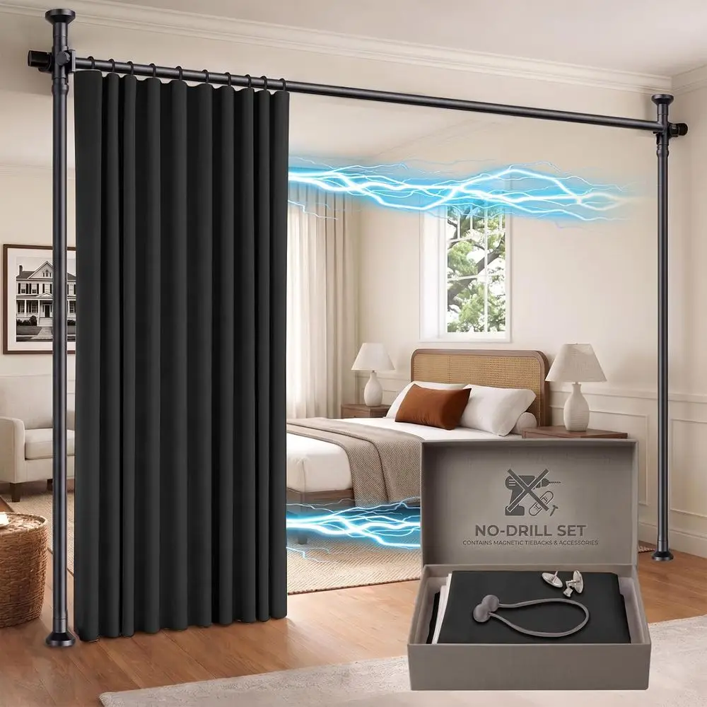 Retractable Rod Blackout Room Divider Curtain Set, 100W x 84L, No Drill Privacy Screen
