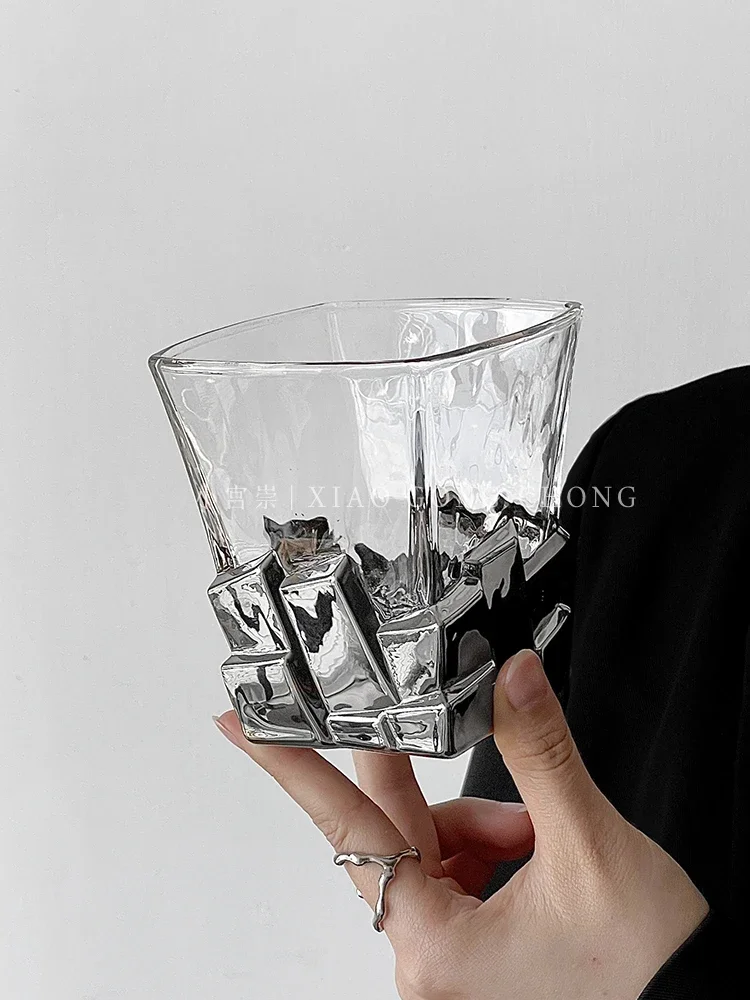 Space silver ice cube glass, artistic limited wine creative light luxury glass, high-quality water glass, whiskey