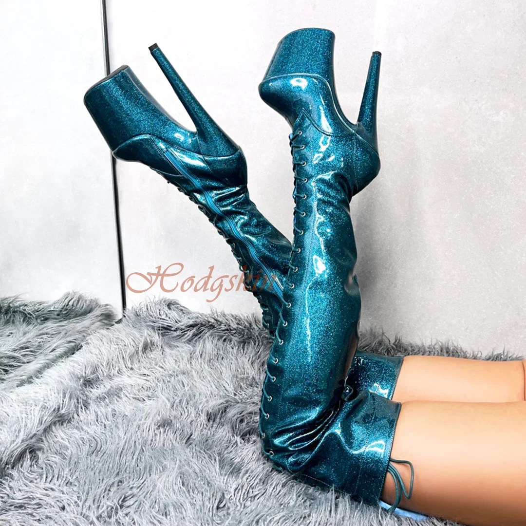 Super High Heels Platform Boots Shiny Leather Side Zipper Over The Knee Boots Round Toe New Style Cross Tied Women Winter Shoes