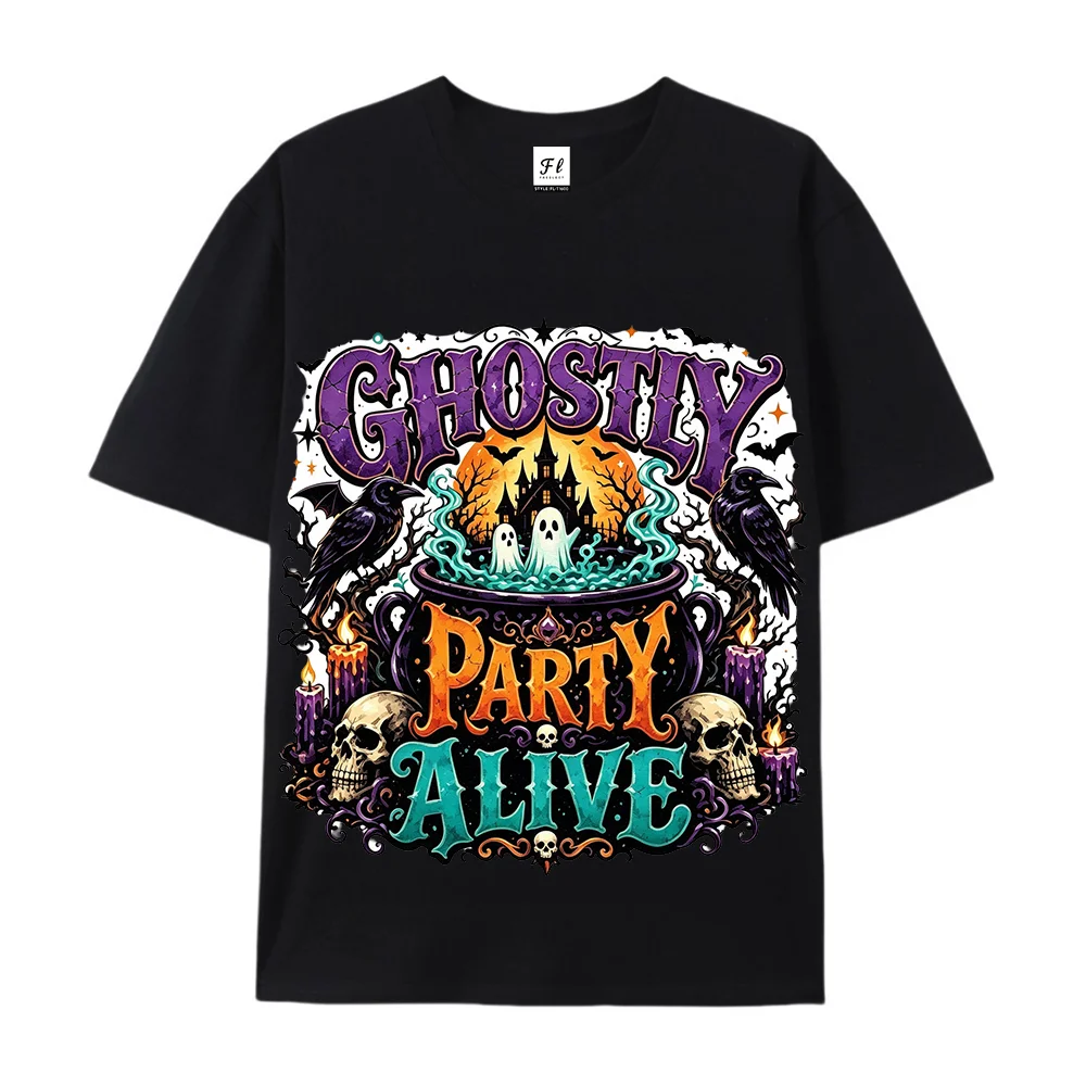 Ghostly Party Alive Halloween Graphic T Shirt Spooky Cauldron Skull Crow Ghost Print Oversized Short Sleeve Tees Casual Holiday