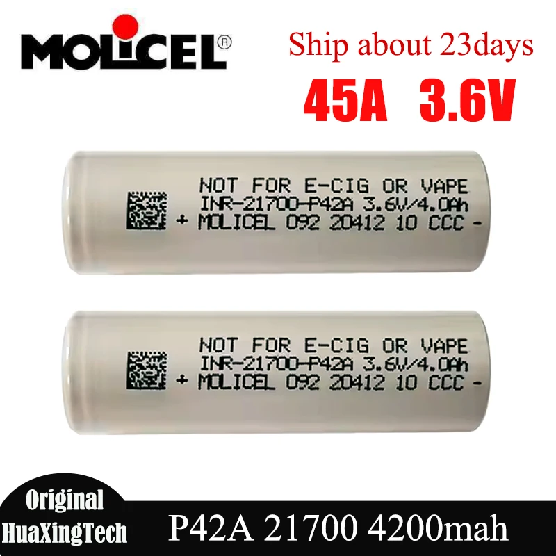 

Оригинальная аккумуляторная батарея Molicel 21700 P42A, 4200 мАч, 3.6В, 45А, высокотоковая, перезаряжаемая литиевая батарея с низким сопротивлением, аналог P45B