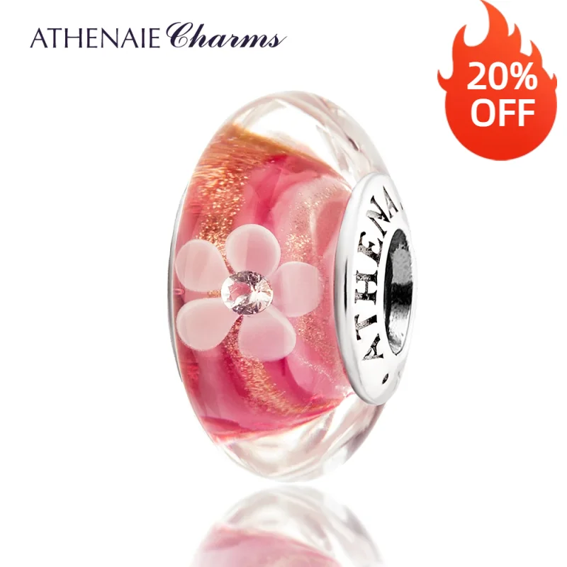 ATHENAIE Genuine Core Pink Gold Dust Petal Charm 925 Silver  Murano Glass Bead Fit All European Bracelets Gift For Valentine