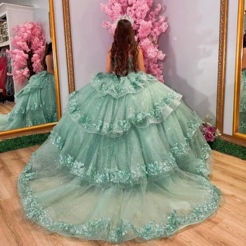 Sparkly Mint Green Princess Quinceanera Dresses Off Shoulder Ball Gown Sequin Appliques Lace Crystals Beads Tull Sweet 16 Dress