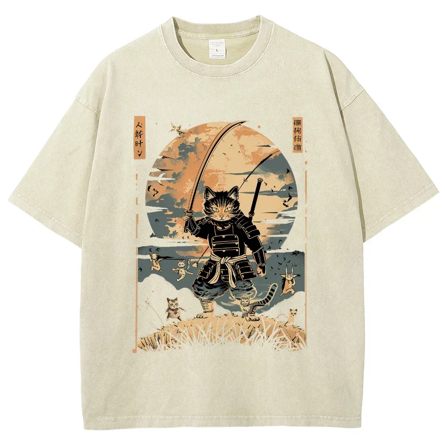 Janpanese Anime Y2K Washed Tshirt, Cartoon Cat Samurai Ukiyoe, Oversized Streetwear Vintage Washed Short T-shirt For Men Women