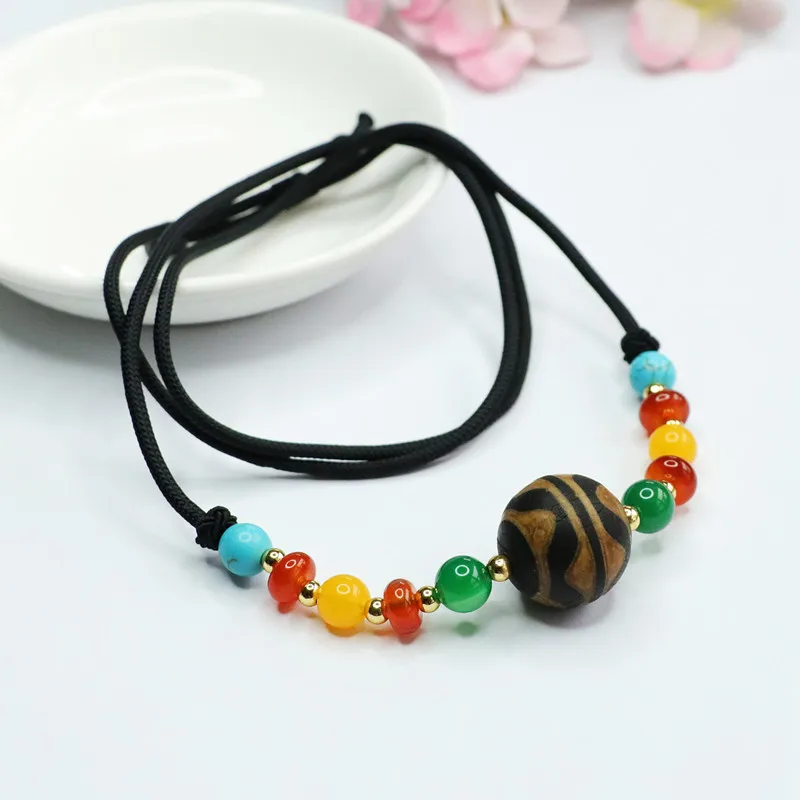 Chinese Traditional Tiger Tooth Dzi Bead Round Pendant Natural Agate Lucky Blessing Fortune Good Luck Amulet Jewelry For Men Wom