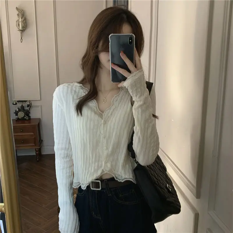 Shirts Women V-neck Lace Crop Top Slim Solid Sweet Sexy Spring New Elegant Chic Ins Casual Basic All-match College Young Ulzzang