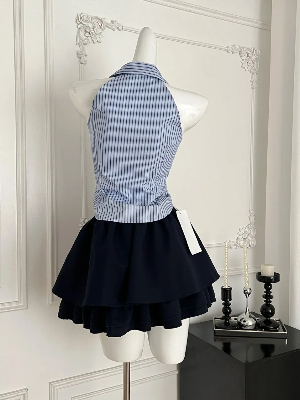

Pure Desire Spicy Girl Summer Outfit Women's Striped irt Ne Hanging Svel Tie School Sle Anti-Aging ort Skirt