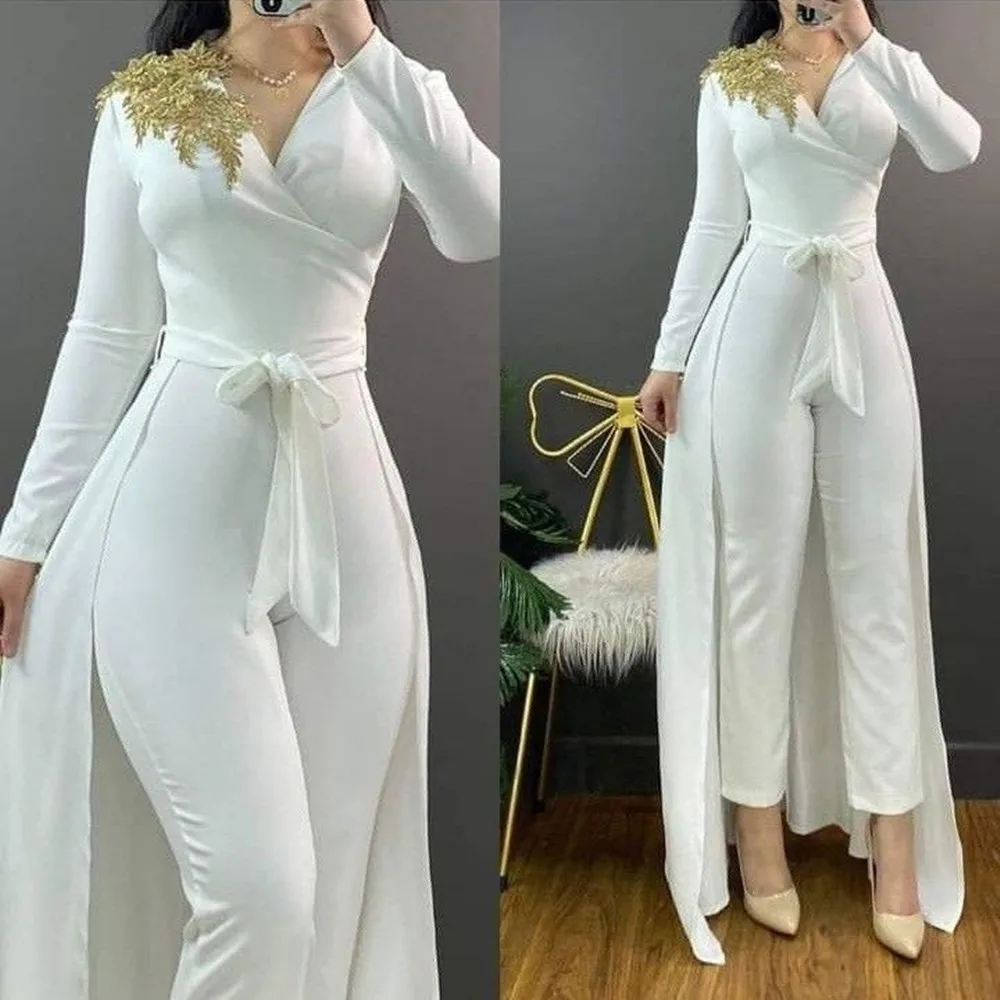 

Long Evening Dresses White Arabic Duba Elegant Party Dresses 2024 V-Neck Full Sleeve Cocktail Prom Gown New فساتين الحفلات