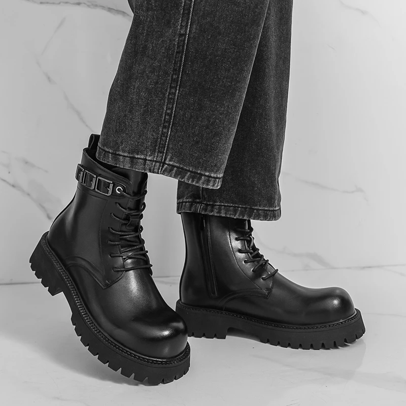 

Men High Top Boots PU Thick Sole Comfortable Non Slip Trendy Motorcycle Boots Daily Men Boots Sizes 38-46