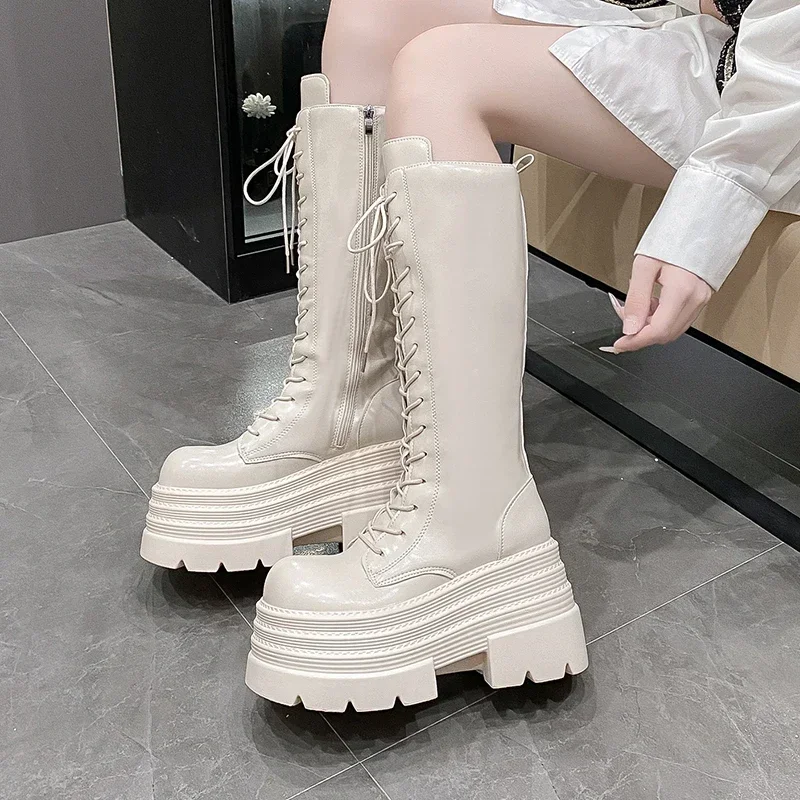 10CM New Women's Roman Long Boots Autumn Winter Knee-high Leather Punk Shoes Chunky Platform Casual Knight Boots Botas Mujer